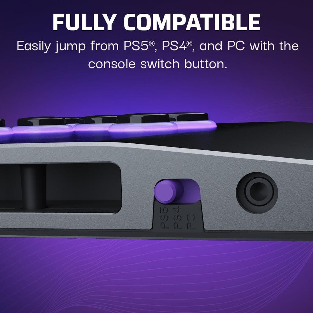 Turtle Beach Victrix Pro KO Leverless Esports All Button Fight Stick. PS5 | PlayStation. PS4. Windows PC. Tournament Arcade Controller. 16 Cherry Switches. Slim Design. RGB Lighting. USB-C Cable. Gray