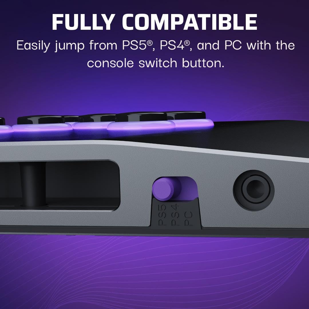 Turtle Beach Victrix Pro KO Leverless Esports All Button Fight Stick. PS5 | PlayStation. PS4. Windows PC. Tournament Arcade Controller. 16 Cherry Switches. Slim Design. RGB Lighting. USB-C Cable. Gray