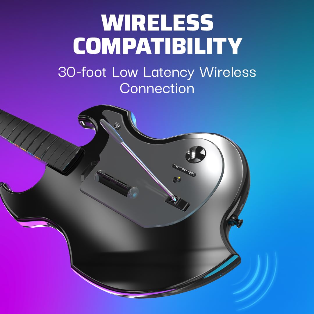 PDP Riffmaster Wireless Guitar Controller for PS5. PS4. PlayStation. PC | Licensed by Sony. Rock Band 4 & Fortnite Festival. 3.5mm audio jack. Rechargeable 36-Hr Battery. Collapsible Design
