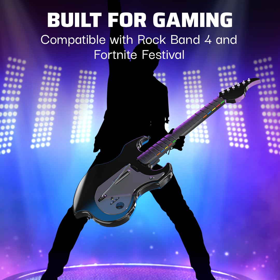 PDP Riffmaster Wireless Guitar Controller for PS5. PS4. PlayStation. PC | Licensed by Sony. Rock Band 4 & Fortnite Festival. 3.5mm audio jack. Rechargeable 36-Hr Battery. Collapsible Design