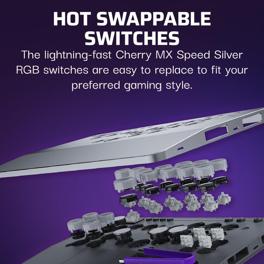 Turtle Beach Victrix Pro KO Leverless Esports All Button Fight Stick. PS5 | PlayStation. PS4. Windows PC. Tournament Arcade Controller. 16 Cherry Switches. Slim Design. RGB Lighting. USB-C Cable. Gray