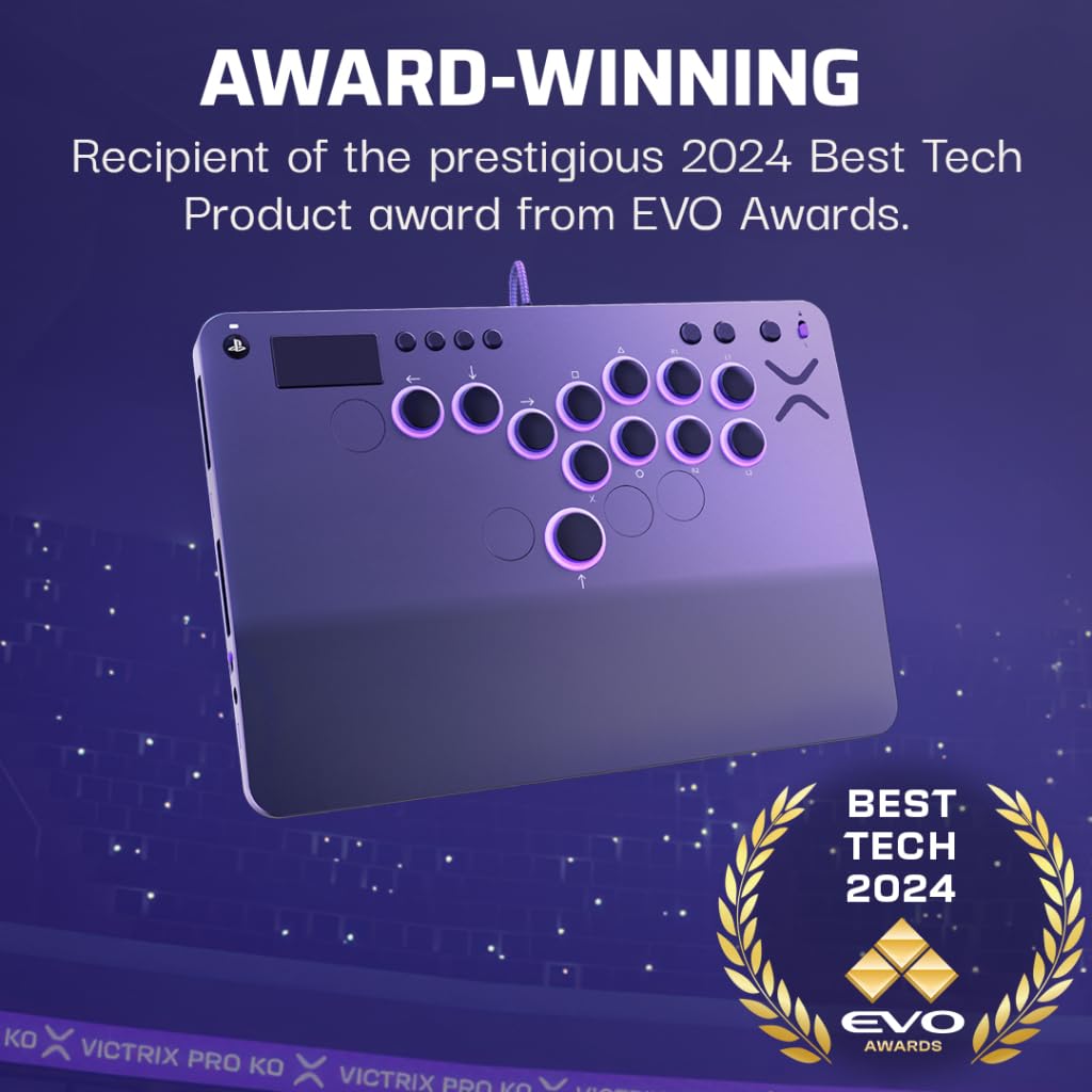 Turtle Beach Victrix Pro KO Leverless Esports All Button Fight Stick. PS5 | PlayStation. PS4. Windows PC. Tournament Arcade Controller. 16 Cherry Switches. Slim Design. RGB Lighting. USB-C Cable. Gray