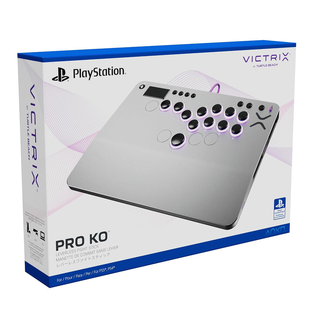 Turtle Beach Victrix Pro KO Leverless Esports All Button Fight Stick. PS5 | PlayStation. PS4. Windows PC. Tournament Arcade Controller. 16 Cherry Switches. Slim Design. RGB Lighting. USB-C Cable. Gray