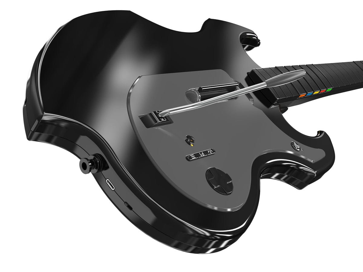 PDP Riffmaster Wireless Guitar Controller for PS5. PS4. PlayStation. PC | Licensed by Sony. Rock Band 4 & Fortnite Festival. 3.5mm audio jack. Rechargeable 36-Hr Battery. Collapsible Design