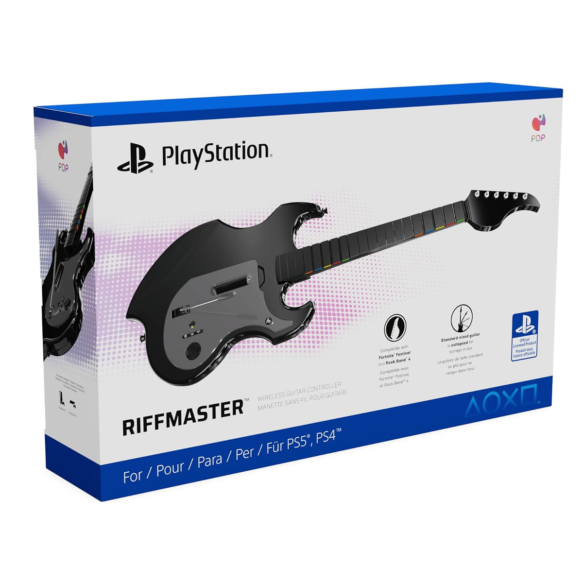 PDP Riffmaster Wireless Guitar Controller for PS5. PS4. PlayStation. PC | Licensed by Sony. Rock Band 4 & Fortnite Festival. 3.5mm audio jack. Rechargeable 36-Hr Battery. Collapsible Design